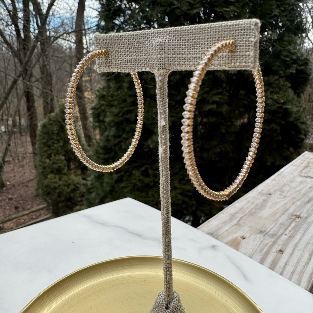 Sterling Silver 925 Gold In and Out CZ Hoop Earrings Pierced